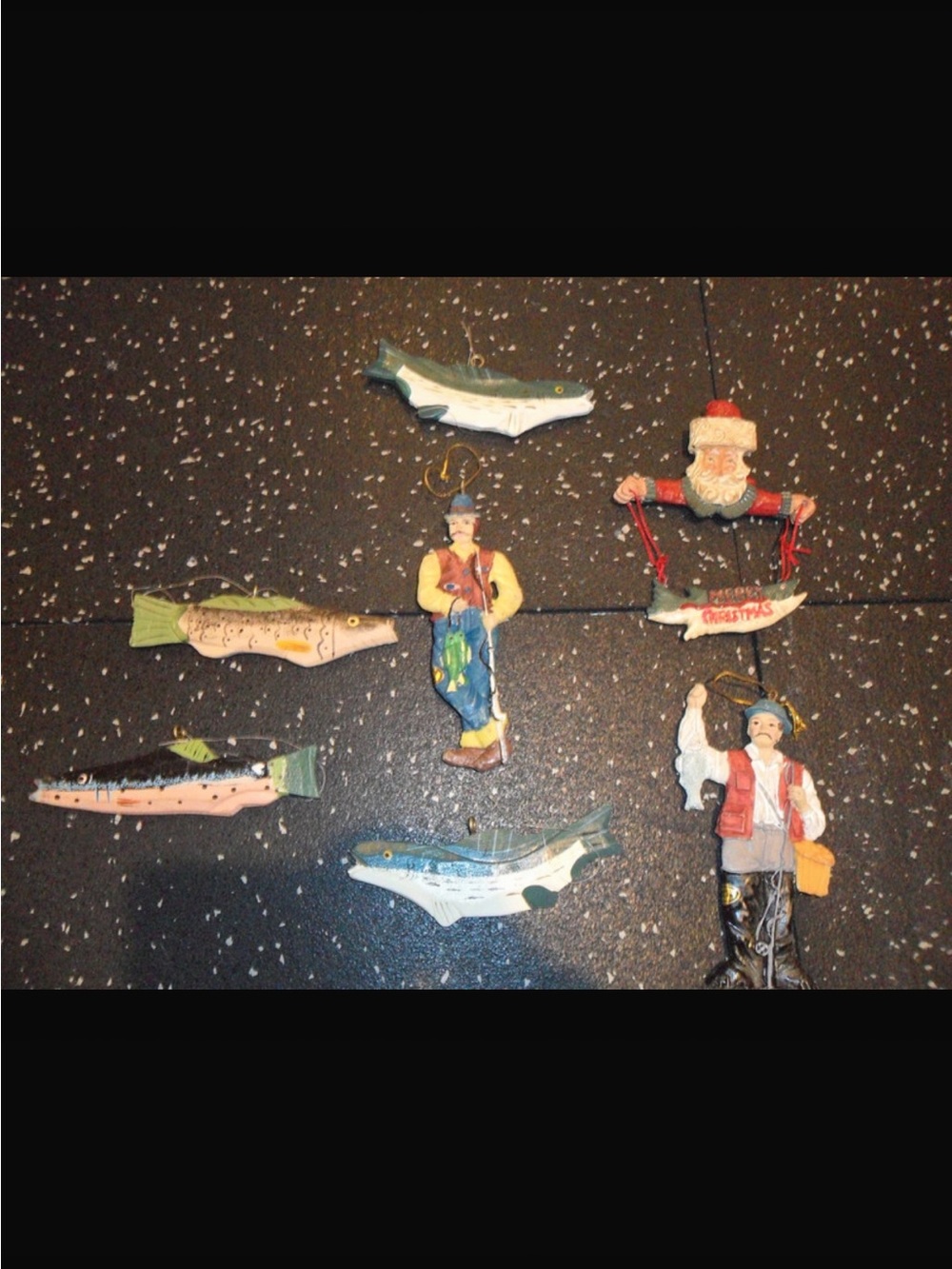 Christmas Fishing Ornaments Lot of 7 wooden Santa Fish Fisherman